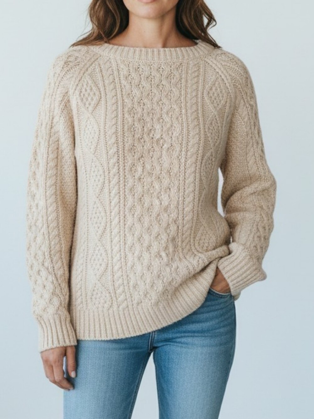 L.L. Bean Cream Cable-Knit Fisherman 100% Cotton Sweater S
